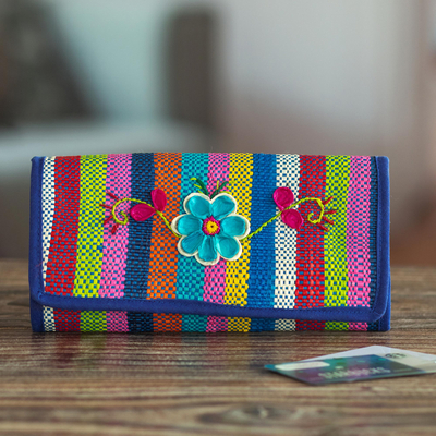 Natural fiber wallet, 'Northern Flowers in Blue' - Artisan Crafted Woven Palm Fiber Wallet