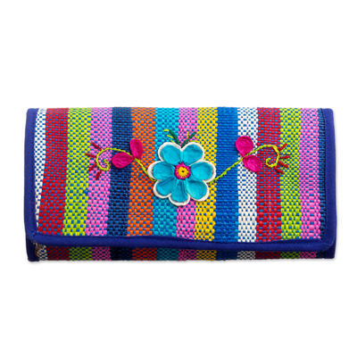 Natural fiber wallet, 'Northern Flowers in Blue' - Artisan Crafted Woven Palm Fiber Wallet