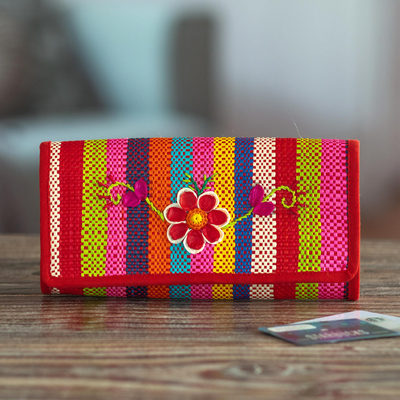 Natural fiber wallet, 'Northern Flowers in Red' - Handmade Natural Fiber Wallet
