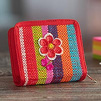 Natural fiber coin purse, 'Northern Flowers in Red' - Handmade Multicolored Coin Purse