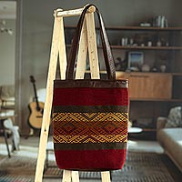 Handloomed Wool Shoulder Bag with Leather,'Andean Inspiration'
