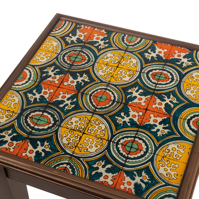 Reverse-painted glass accent table, 'Dominican Heritage' - Cedar Accent Table With Geometric Painted Glass Top