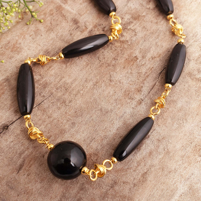 Gold plated obsidian pendant necklace, 'Midnight Affair' - Obsidian Necklace with 24k Gold Plate