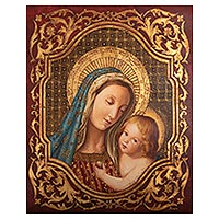 'Holy Mother and Child' - Bronze Leaf Oil on Canvas Painting of Mary and Little Jesus