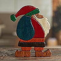 Wood sculpture, 'Santa's Big Day' - Christmas Motif Wood Sculpture
