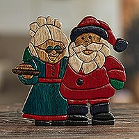 Wood sculpture, 'Christmas Couple' - Handmade Santa and Mrs. Claus Sculpture