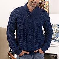 Suéter pulóver 100% alpaca para hombre, 'Midnight in Peru' - Suéter pulóver 100% alpaca azul medianoche para hombre de Perú