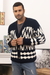 Men's cotton cardigan, 'Peruvian Zigzag' - Men's Navy and Ecru Cotton Sweater with Zigzag Design (image 2b) thumbail