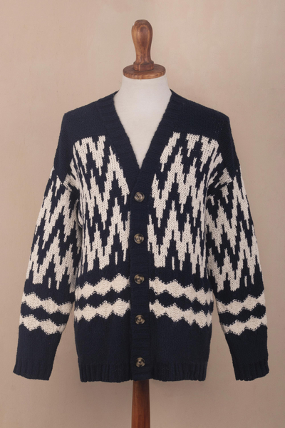 Men's cotton cardigan, 'Peruvian Zigzag' - Men's Navy and Ecru Cotton Sweater with Zigzag Design