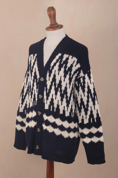 Men's cotton cardigan, 'Peruvian Zigzag' - Men's Navy and Ecru Cotton Sweater with Zigzag Design