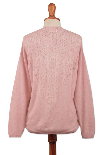 Alpaca blend pullover sweater, 'Pink Comfort' - Pink Blush Alpaca Pullover Patterned Sweater with Drawstring