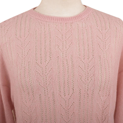 Alpaca blend pullover sweater, 'Pink Comfort' - Pink Blush Alpaca Pullover Patterned Sweater with Drawstring