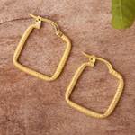 Gold plated hoop earrings, 'Diamond Squares' - 18k Gold Plated Hoop Earrings