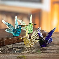 Blown glass figurines, 'Hummingbird Flock' (set of 4) - Handcrafted Glass Hummingbirds (Set of 4)
