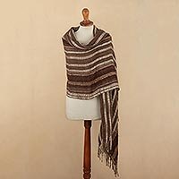 Baby alpaca-blend shawl, 'Among the Andes' - Brown-Striped Baby Alpaca Blend Peruvian Shawl With Fringe