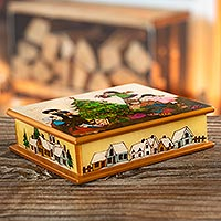 Reverse-painted glass decorative box, 'Christmastime' - Holiday-Themed Glass Decorative Box