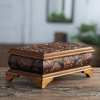 Wood and leather decorative box, 'Sunflower Treasure' - Finely Tooled Leather and Wood Decorative Box from Peru