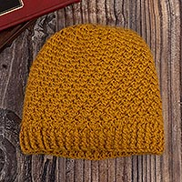 Hand Crocheted 100% Alpaca Hat,'Golden Ochre'