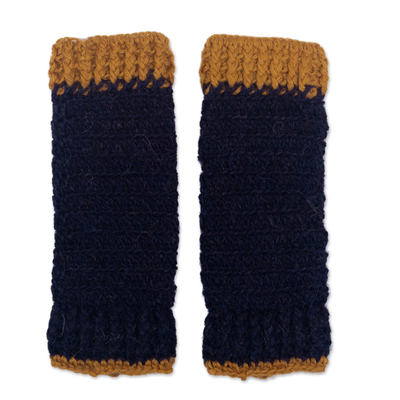 100% Alpaca Blue and Gold Crocheted Fingerless Mitts Peru