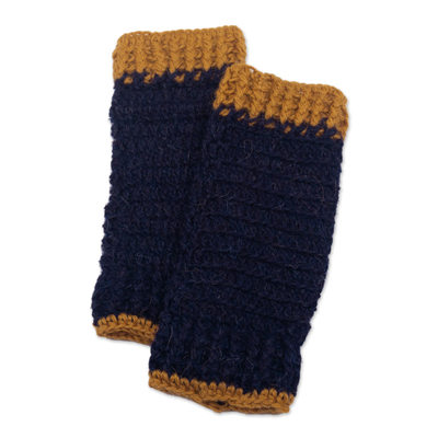 fingerlose Handschuhe aus 100 % Alpaka, „Cusco Dawn“ – Gehäkelte fingerlose Handschuhe aus 100 % Alpaka in Blau und Gold, Peru