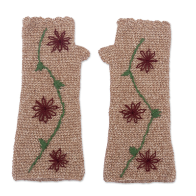 100% alpaca fingerless mitts, 'Winter Garden' - Floral 100% Alpaca Fingerless Mitts from Peru