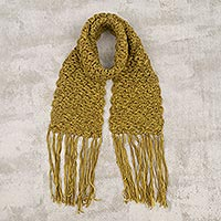 100% alpaca scarf, 'Tangled Foliage' - Green 100% Alpaca Hand-Knitted Fringed Scarf From Peru