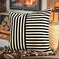 Wool cushion cover, 'Sideways' - Black and Ivory Striped Cushion Cover