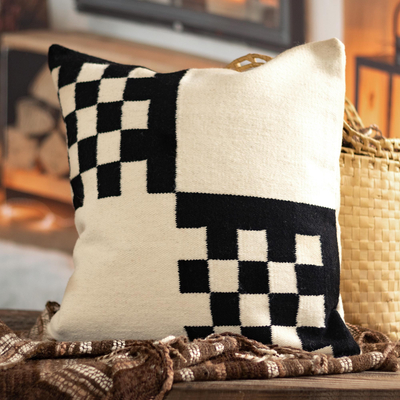 Wool cushion cover, 'Semaphore' - Handloomed Black and Ivory Cushion Cover