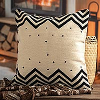 Wool cushion cover, 'Andes Minimalism' - Black and Ivory Geometric and Dot Cushion Cover Peru