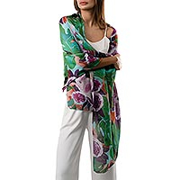 Modal shawl, 'Wraparound Rainforest' - 100% Modal Lightweight Shawl in Greens and Purples From Peru