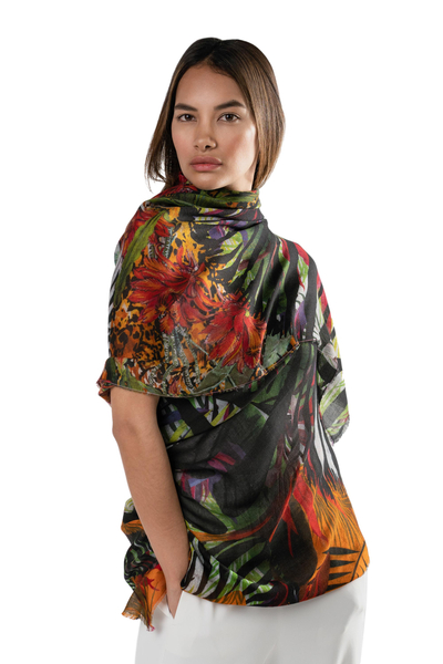 Modal shawl, 'Jungle Warmth' - Printed Modal Shawl from Peru