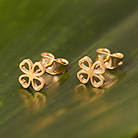 18K Gold-Plated Four-Leafed Clover Post Earrings from Peru,'Four-Leafed Clover'