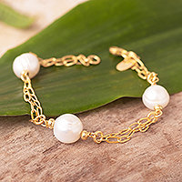 Gold plated cultured pearl station bracelet, 'Posh'