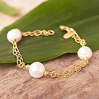 Gold plated cultured pearl station bracelet, 'Posh'