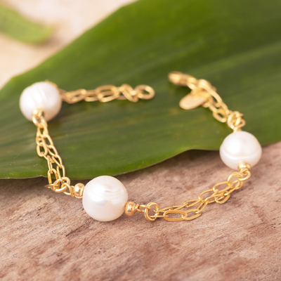 Gold plated cultured pearl station bracelet, 'Posh' - Cultured Pearl Gold Plated Bracelet