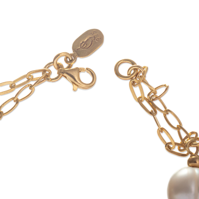 Gold plated cultured pearl station bracelet, 'Posh' - Cultured Pearl Gold Plated Bracelet