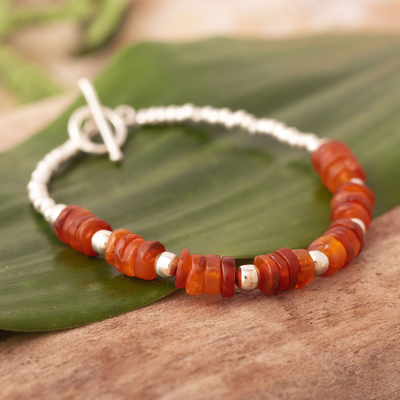 Agate and sterling silver beaded bracelet, 'Warm and Cool' - Beaded Bracelet with Orange Agate