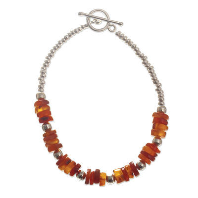 Agate and sterling silver beaded bracelet, 'Warm and Cool' - Beaded Bracelet with Orange Agate