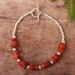 Agate and sterling silver beaded bracelet, 'Warm and Cool' - Beaded Bracelet with Orange Agate