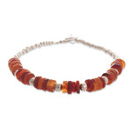 Agate and sterling silver beaded bracelet, 'Warm and Cool' - Beaded Bracelet with Orange Agate