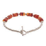 Agate and sterling silver beaded bracelet, 'Warm and Cool' - Beaded Bracelet with Orange Agate