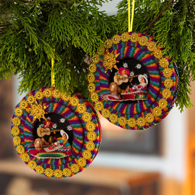 Fabric ornaments, 'Lullaby in the Andes' (pair) - Colorful Fabric Nativity Ornaments (Pair)
