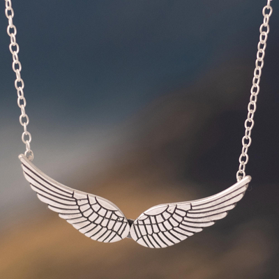 Sterling silver pendant necklace, 'Come Fly With Me' - Handcrafted Wing Necklace in Sterling Silver