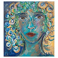 'Golden Woman in the Sky' - Signed Acrylic Woman's Portrait Painting