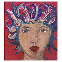 'Misterioso cabello azul y dorado' - Retrato acrílico sobre lienzo