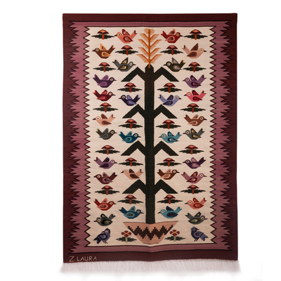 Wool and Cotton Hand-Woven Tapestry with Birds From Peru