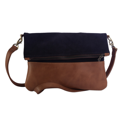 Dark Blue and Brown Leather Shoulder Bag With Zipper Peru