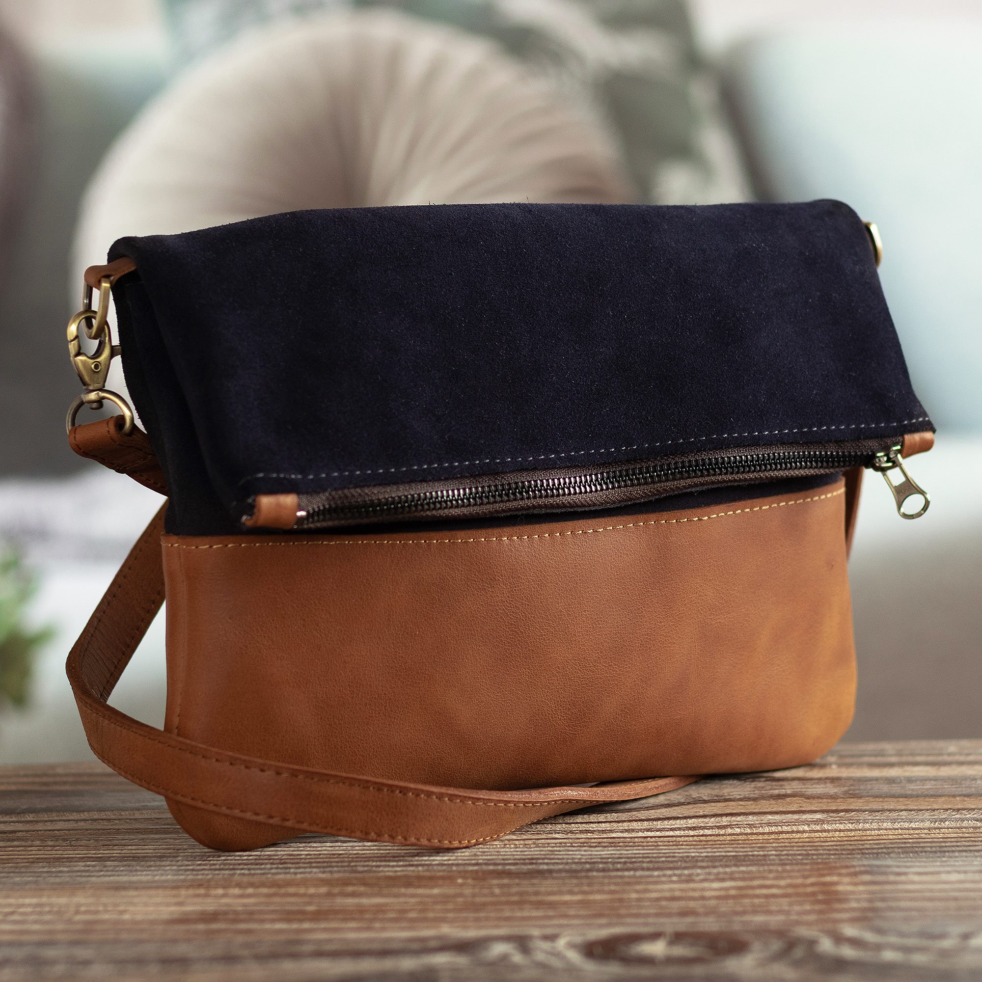 Dark Blue and Brown Leather Shoulder Bag With Zipper Peru Peru and