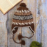 100% alpaca chullo hat, 'Andean Heritage in Brown' - Knit Chullo Hat of 100% Alpaca in Natural Wool colours Peru