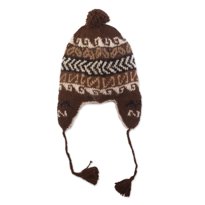 100% alpaca chullo hat, 'Andean Heritage in Brown' - Knit Chullo Hat of 100% Alpaca in Natural Wool Colors Peru